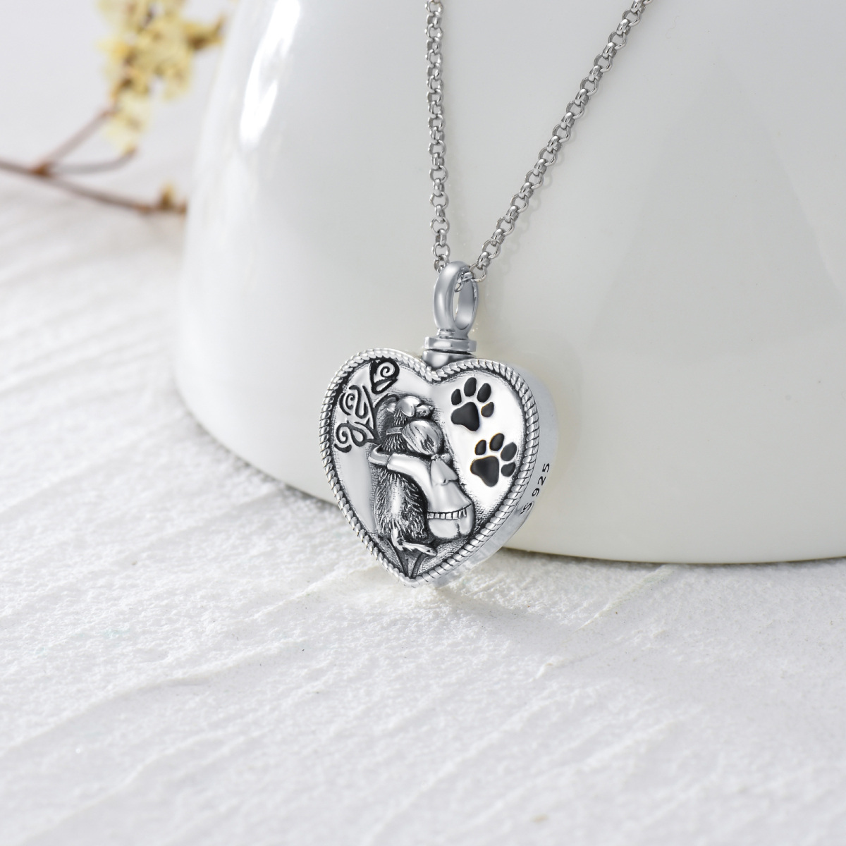 Sterling Silver Heart Girl & Dog Paw Urn Necklace for Ashes with Engraved Word-3