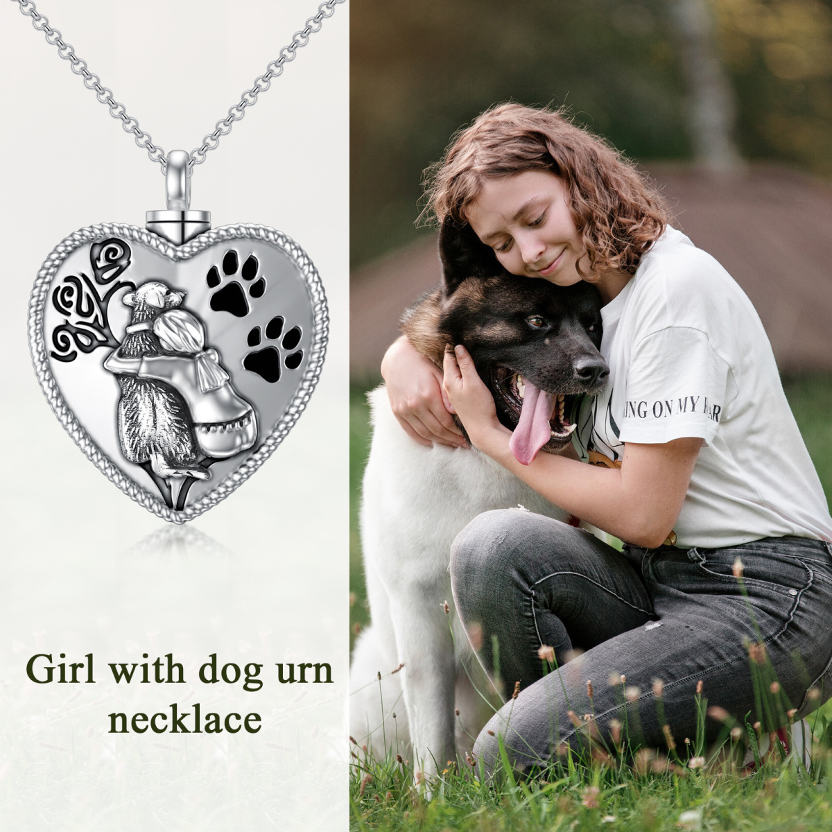 Collar de plata de ley con corazón de niña y pata de perro para cenizas con palabra grabada-6