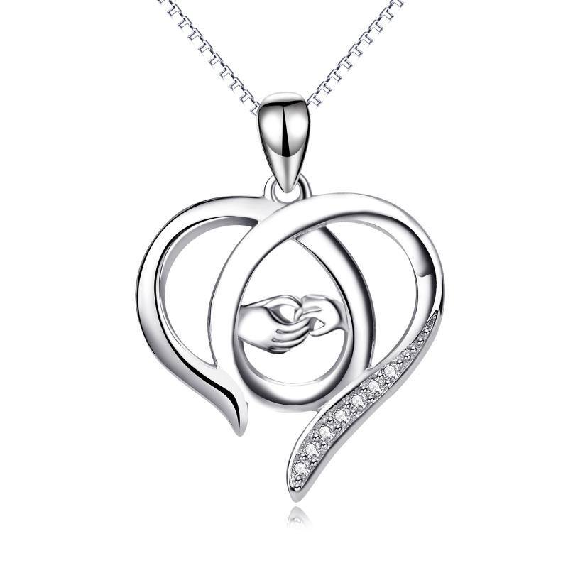 Sterling Silver Cubic Zirconia Heart & Hold Hands Pendant Necklace-1