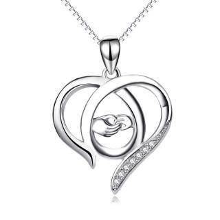 Sterling Silver Cubic Zirconia Heart & Hold Hands Pendant Necklace-11