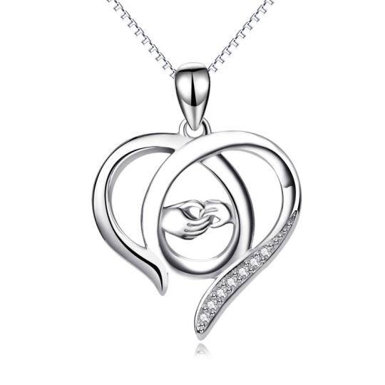 Sterling Silver Cubic Zirconia Heart & Hold Hands Pendant Necklace