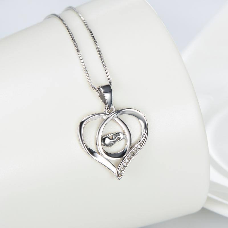 Sterling Silber Cubic Zirkonia Herz & Hold Hands Anhänger Halskette-3