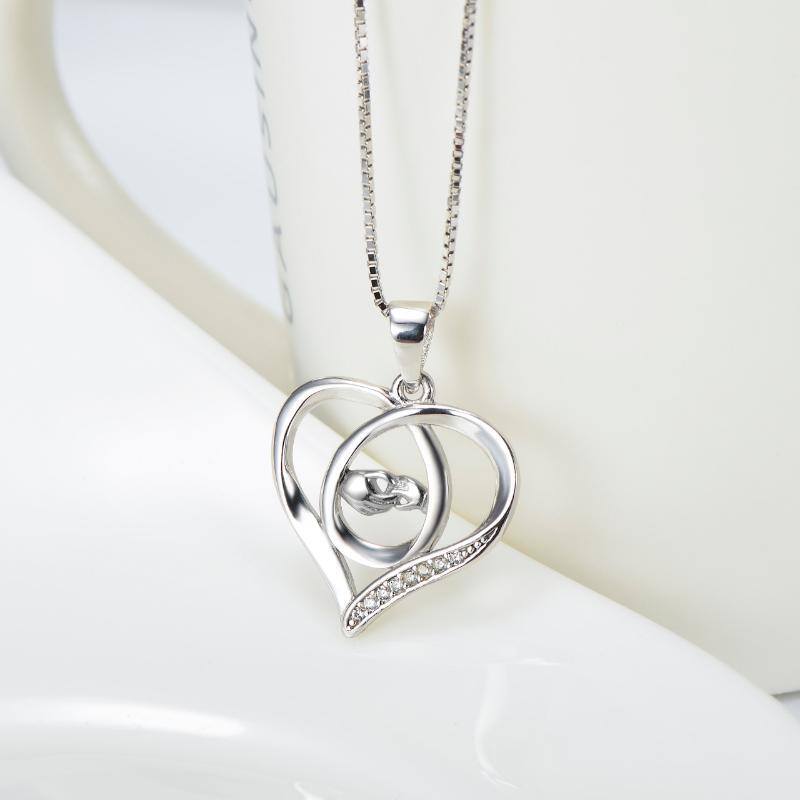 Sterling Silver Cubic Zirconia Heart & Hold Hands Pendant Necklace-4