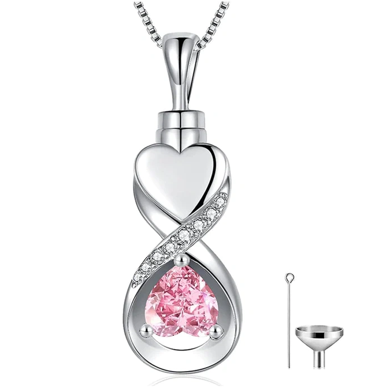 Collana con urna in argento sterling con zirconi cubici e simbolo dell'infinito a forma di cuore per le ceneri-1