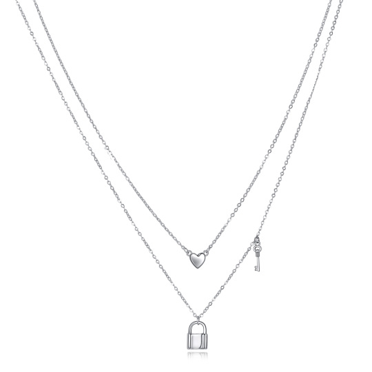 Collier en argent sterling avec cœur, clé et serrure superposés