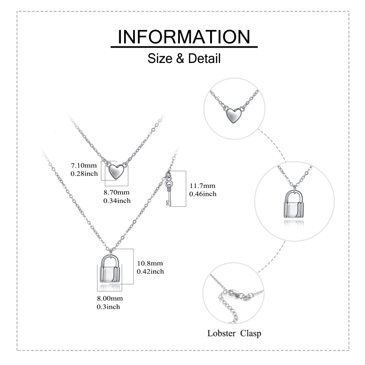 Colar em camadas de prata esterlina com coração, chave e fechadura-6