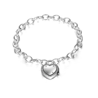 Sterling Silver Cubic Zirconia Heart & Lock Pendant Bracelet-5