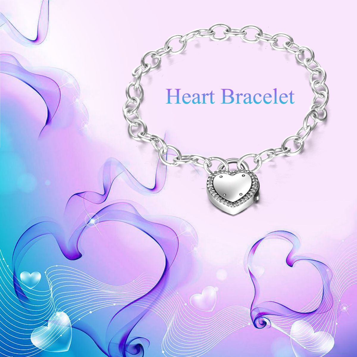 Sterling Silver Cubic Zirconia Heart & Lock Pendant Bracelet-3