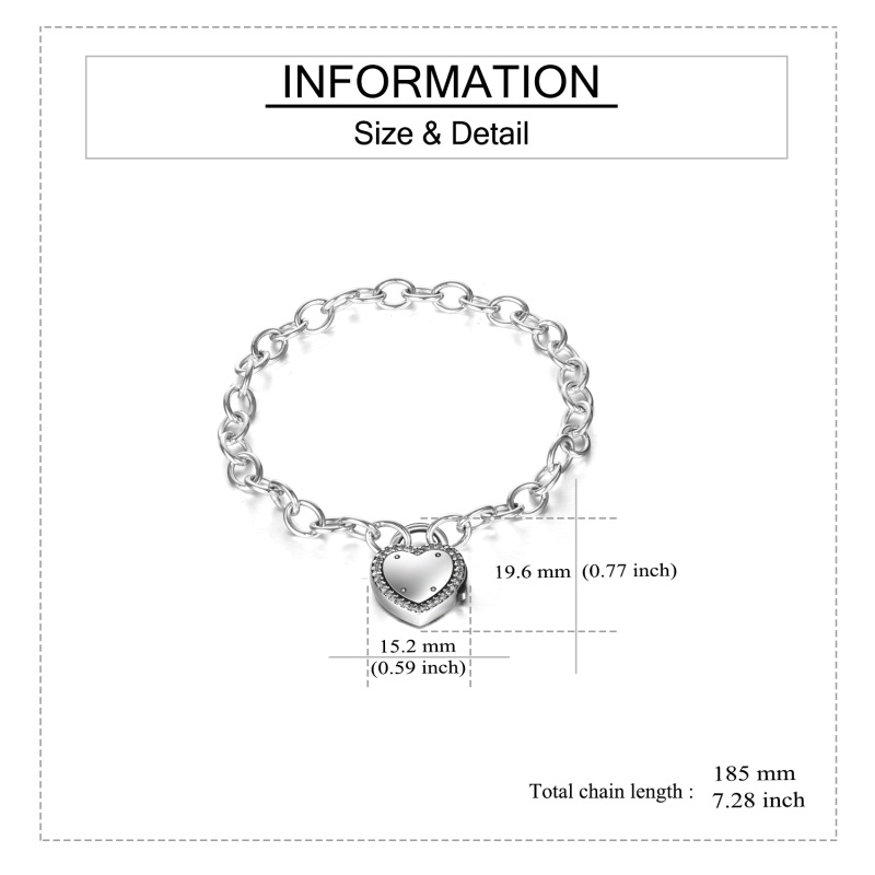 Sterling Silver Cubic Zirconia Heart & Lock Charm Bracelet-3