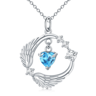 Sterling Silver Heart Moissanite & Topaz Angel Wings Pendant Necklace-24