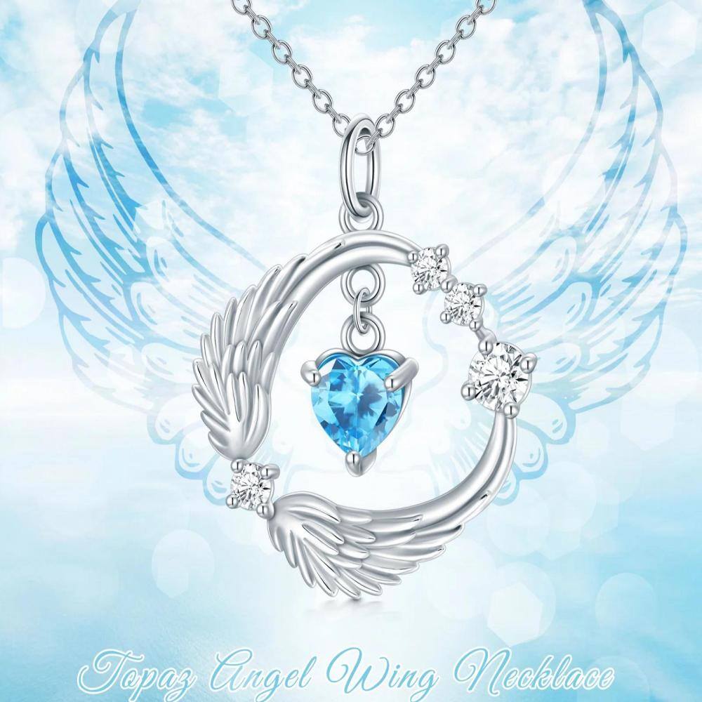 Sterling Silver Heart Moissanite & Topaz Angel Wings Pendant Necklace-5