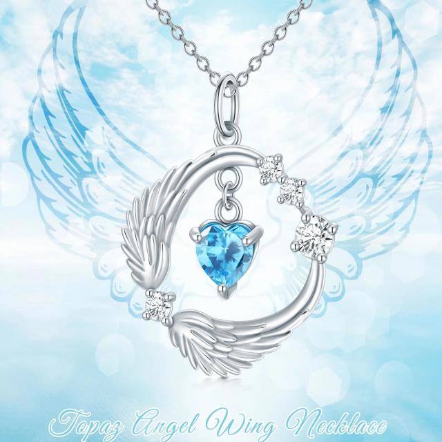 Sterling Silver Heart Moissanite & Topaz Angel Wings Pendant Necklace-5