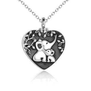 Sterling Silver Heart Mom Elephant & Baby Urn Necklace for Ashes with Engraved Word-42