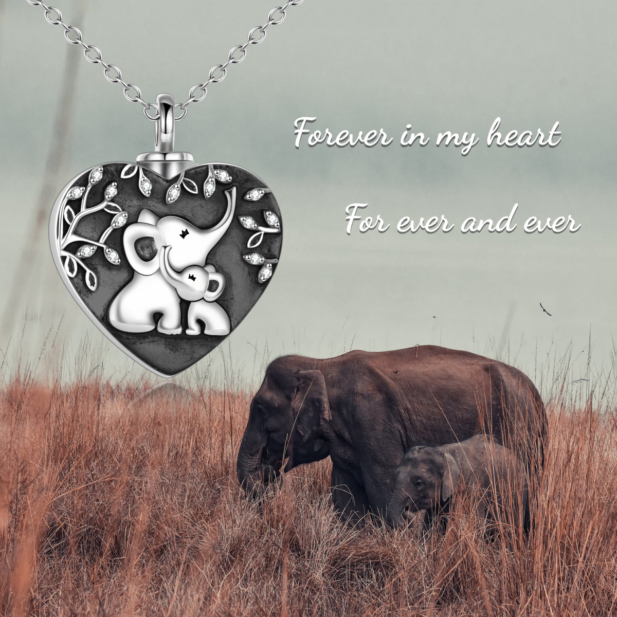 Collier en argent sterling pour cendres avec mot gravé : coeur. maman. éléphant et bébé-3