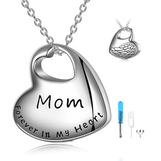 Sterling Silver Heart Mom Urn Necklace for Ashes with Engraved Word