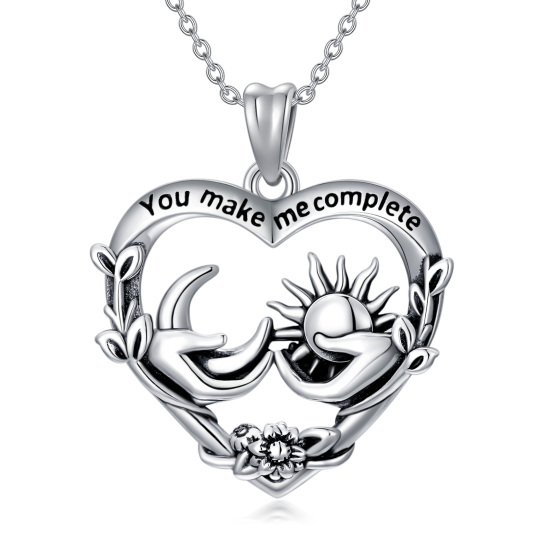 Collana con ciondolo a cuore e luna in argento sterling con parola incisa