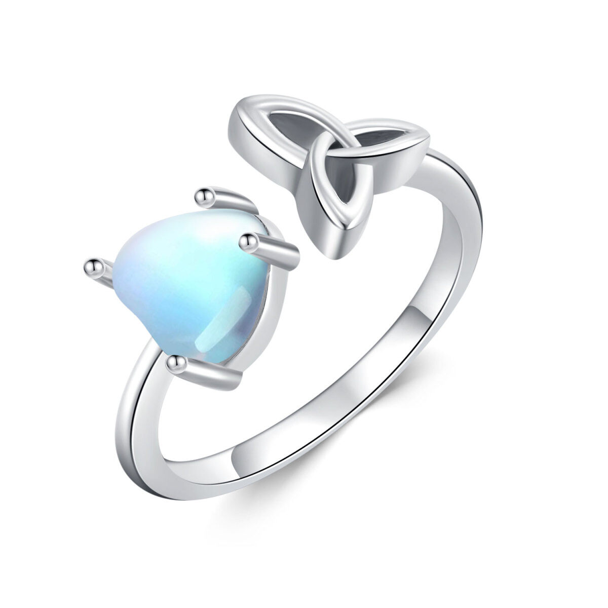 Anello aperto da donna con pietra di luna a cuore in argento sterling con anello aperto con nodo celtico-1