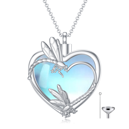 Sterling Silver Heart Moonstone Dragonfly & Heart Urn Necklace for Ashes