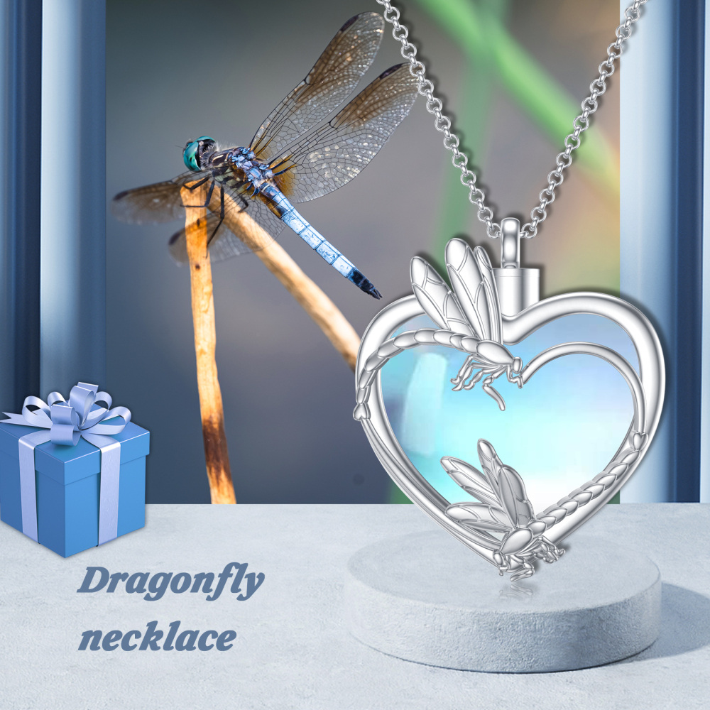 Sterling Silver Heart Moonstone Dragonfly Urn Necklace For Ashes For Women-6