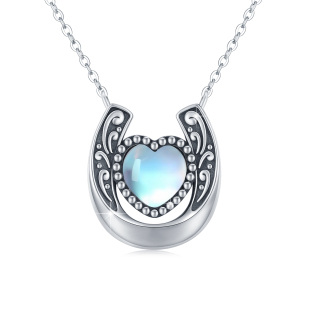 Sterling Silver Heart Moonstone Horseshoe Pendant Necklace-35