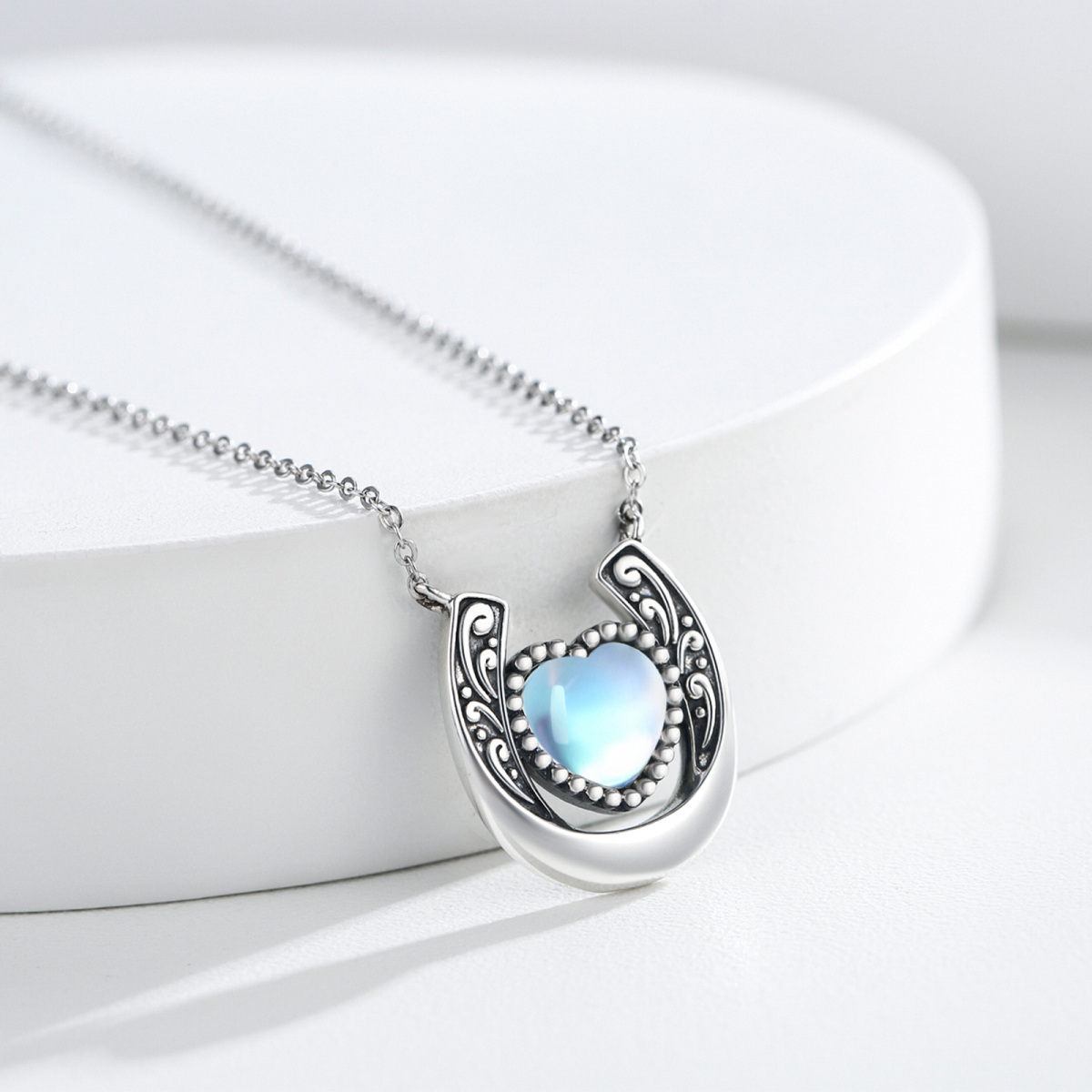 Sterling Silver Heart Moonstone Horseshoe Pendant Necklace-4