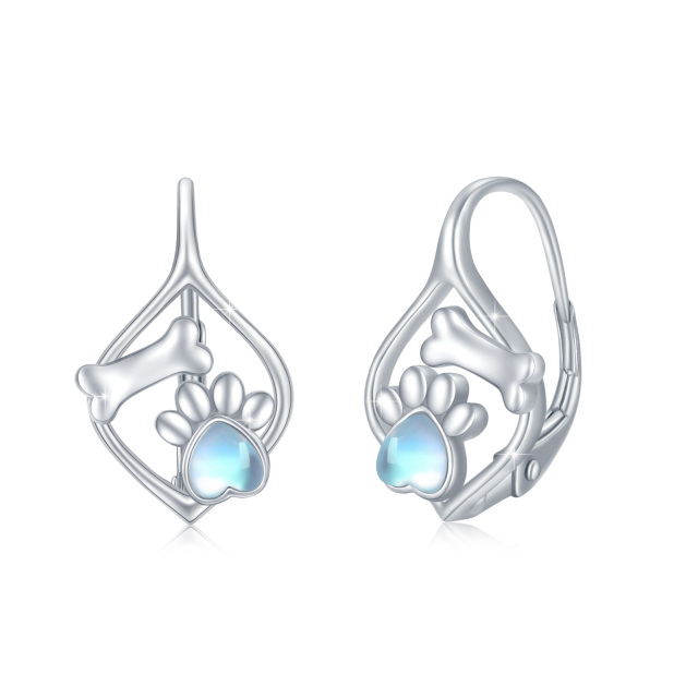 Sterling Silver Heart Moonstone Paw Lever-back Earrings-2