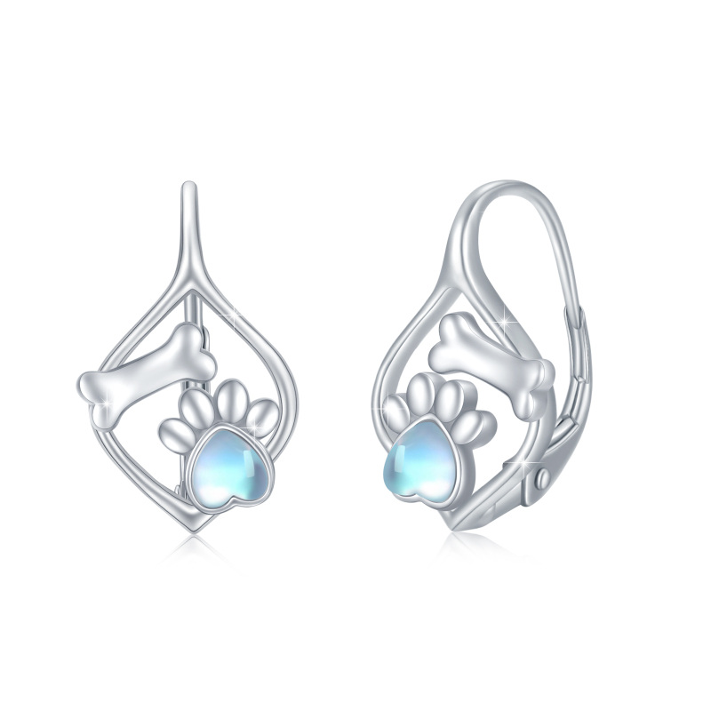 Sterling Silver Heart Moonstone Paw Lever-back Earrings-18