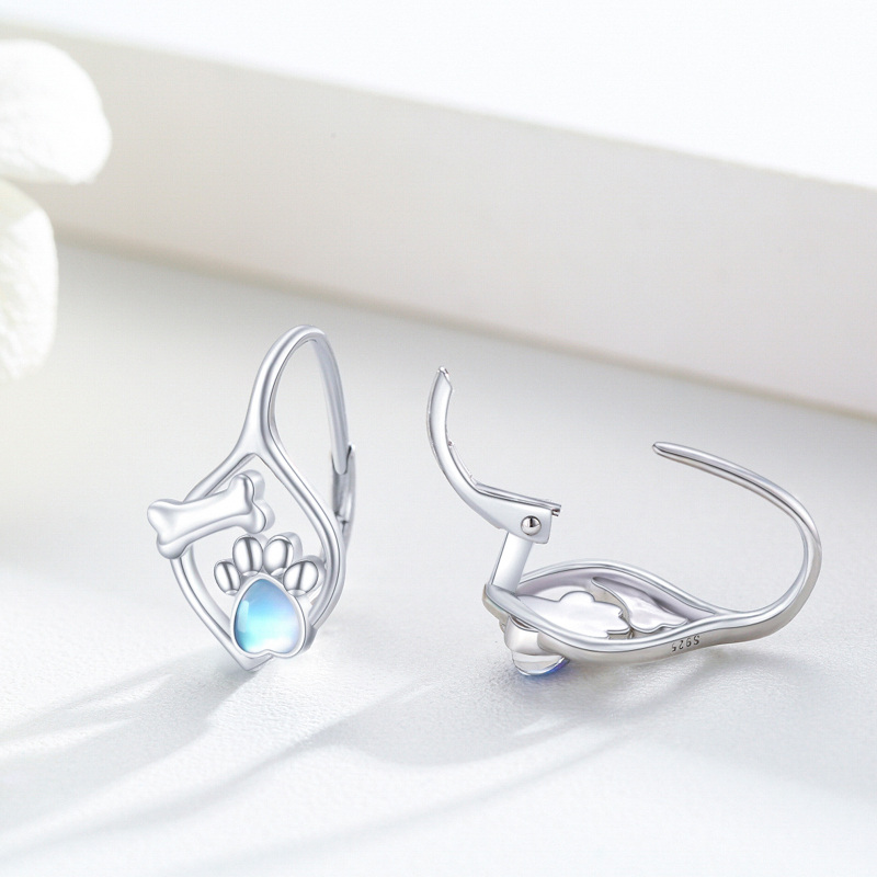 Sterling Silver Heart Moonstone Paw Lever-back Earrings-3