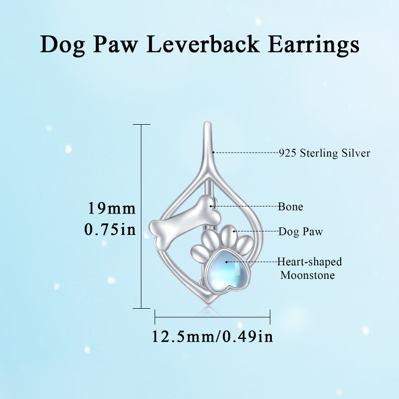 Sterling Silver Heart Moonstone Paw Lever-back Earrings-4