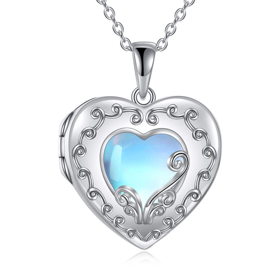 Sterling Silver Heart Moonstone Heart Personalized Photo Locket Necklace with Engraved Word