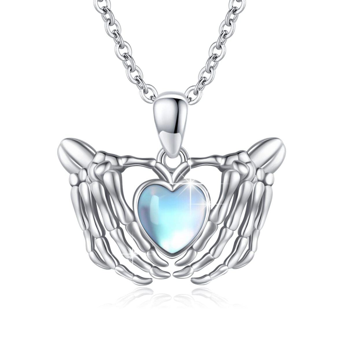 Sterling Silver Heart Moonstone Skeleton Pendant Necklace-1