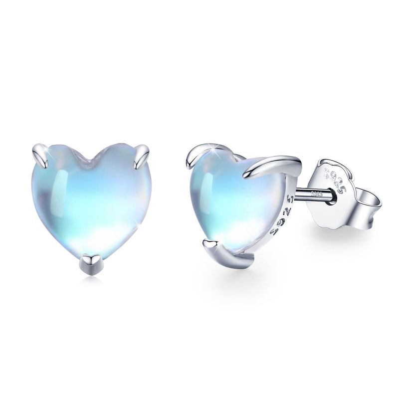 Sterling Silver Heart Moonstone Stud Earrings-9