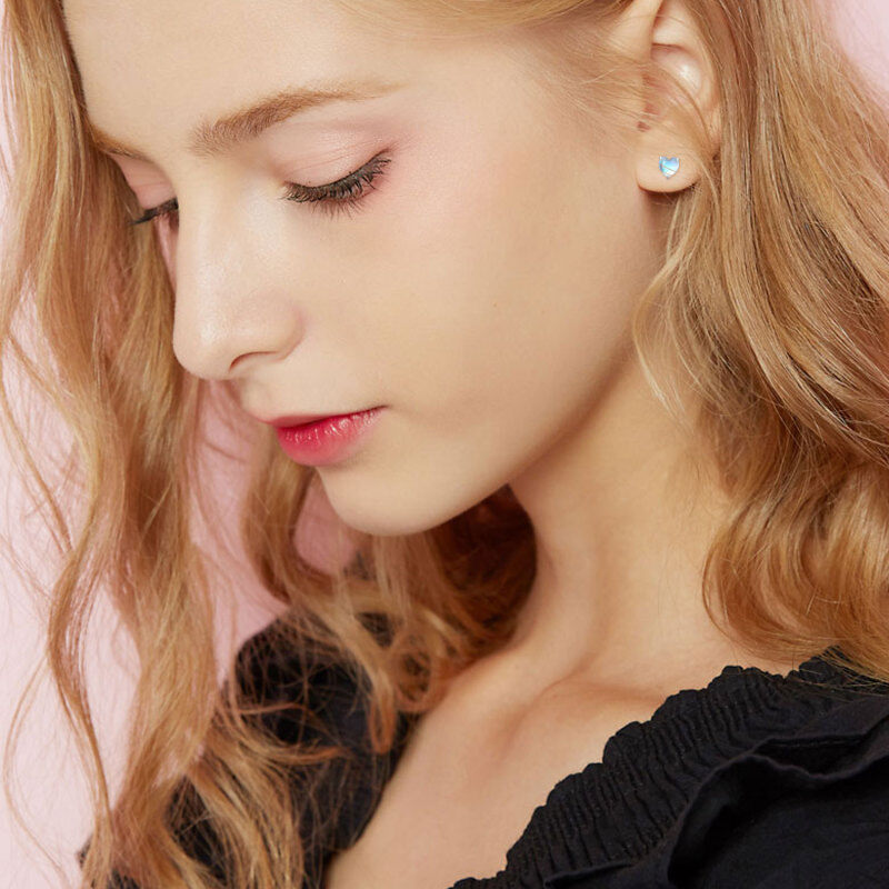 Sterling Silver Heart Moonstone Stud Earrings-2