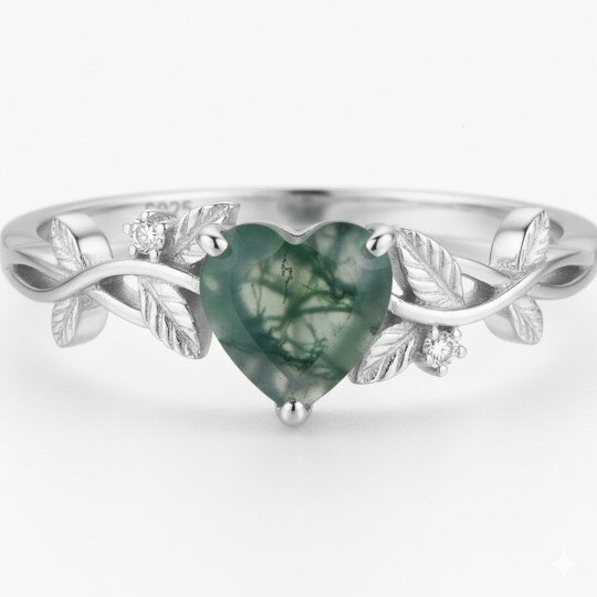 Sterling Silver Heart Moss Agate Couple Engagement Ring For Women