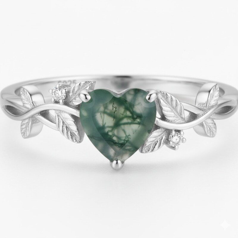 Sterling Silver Heart Moss Agate Couple Engagement Ring For Women-1