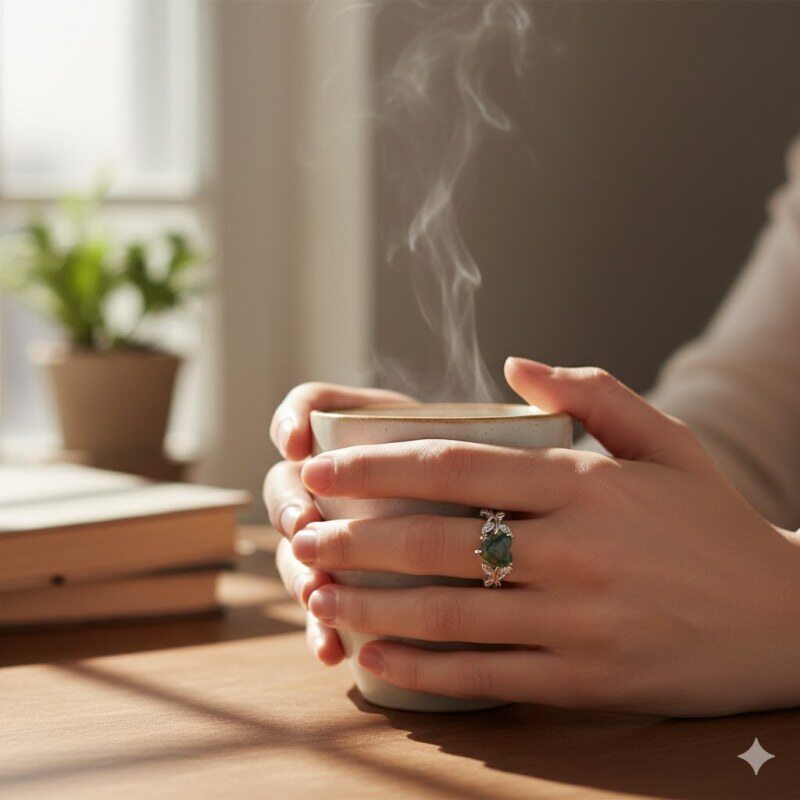 Sterling Silver Heart Moss Agate Couple Engagement Ring For Women-2