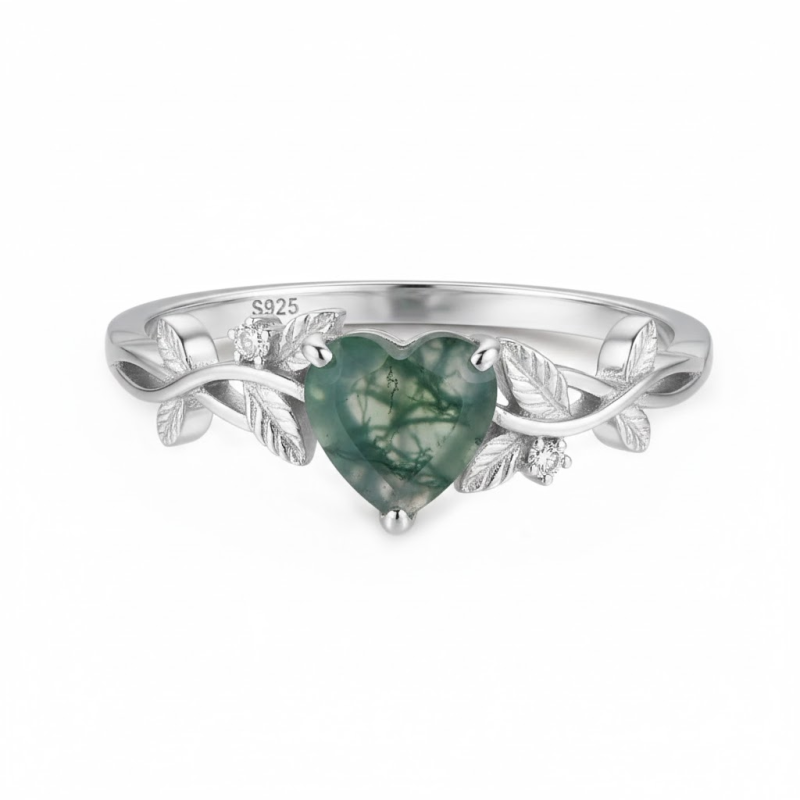 Sterling Silver Heart Moss Agate Couple Engagement Ring For Women-3