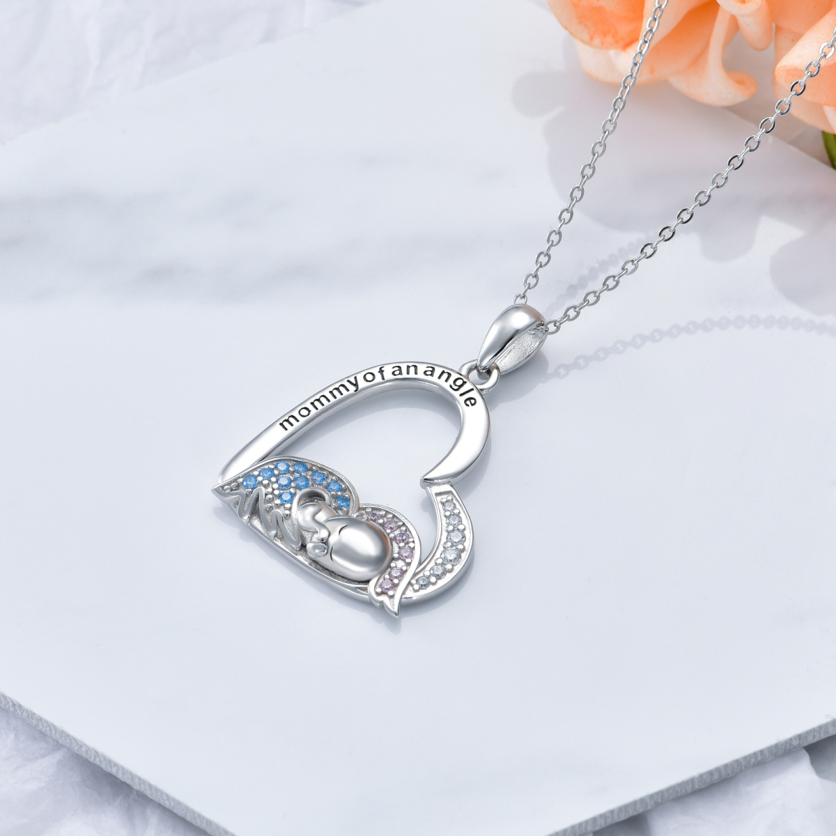 Sterling Silver Heart Mother of An Angel Pendant Necklace with Engraved Word-5