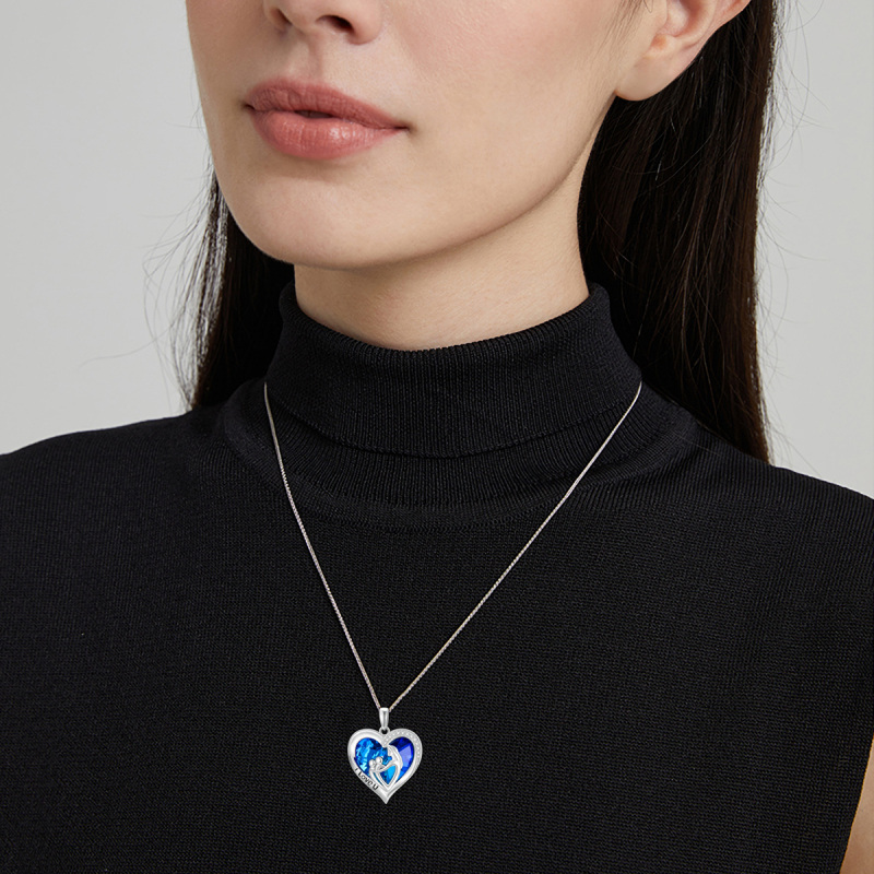 Sterling Silver Heart Mother Crystal Pendant Necklace with Engraved Word-2