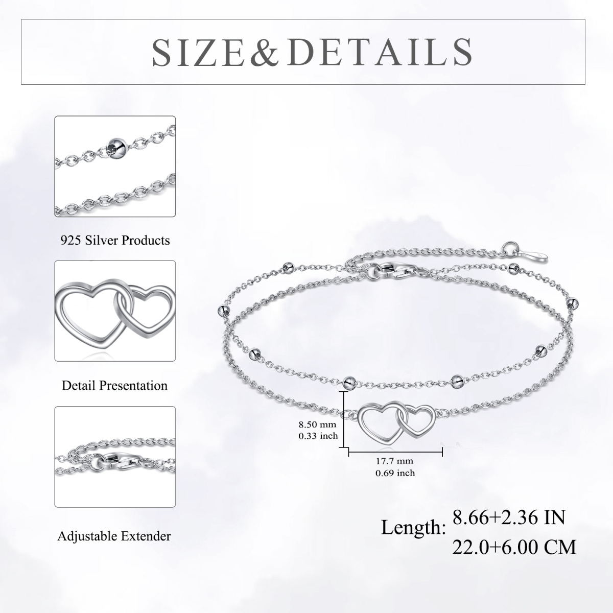 Sterling Silver Heart Multi-layered Anklet-5