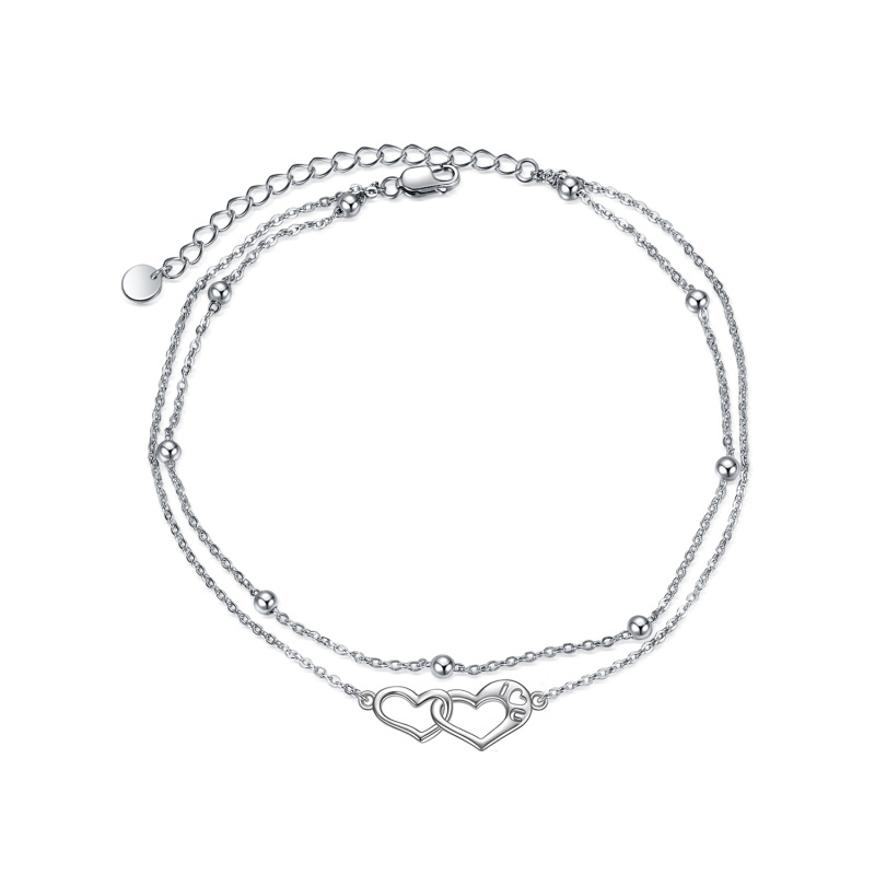 Sterling Silver Heart With Heart Multi-Layered Anklet For Women-15