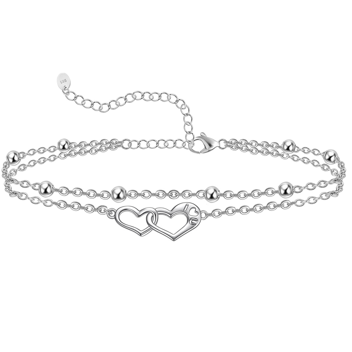 Sterling Silver Heart With Heart Multi-layered Anklet-3