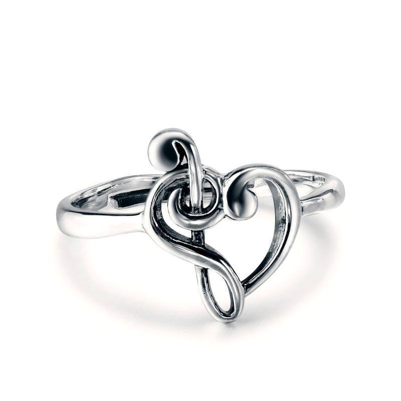 Anello aperto in argento sterling con cuore e simbolo della musica-2