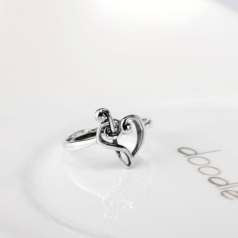 Anello aperto con simbolo musicale a forma di cuore in argento sterling-4