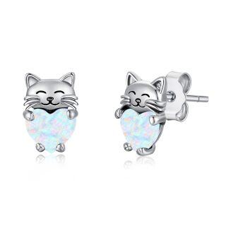 Sterling Silver Heart Opal Cat Stud Earrings for Girls Women-3