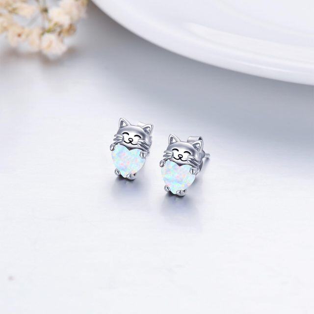 Sterling Silver Heart Opal Cat Stud Earrings for Girls Women-4