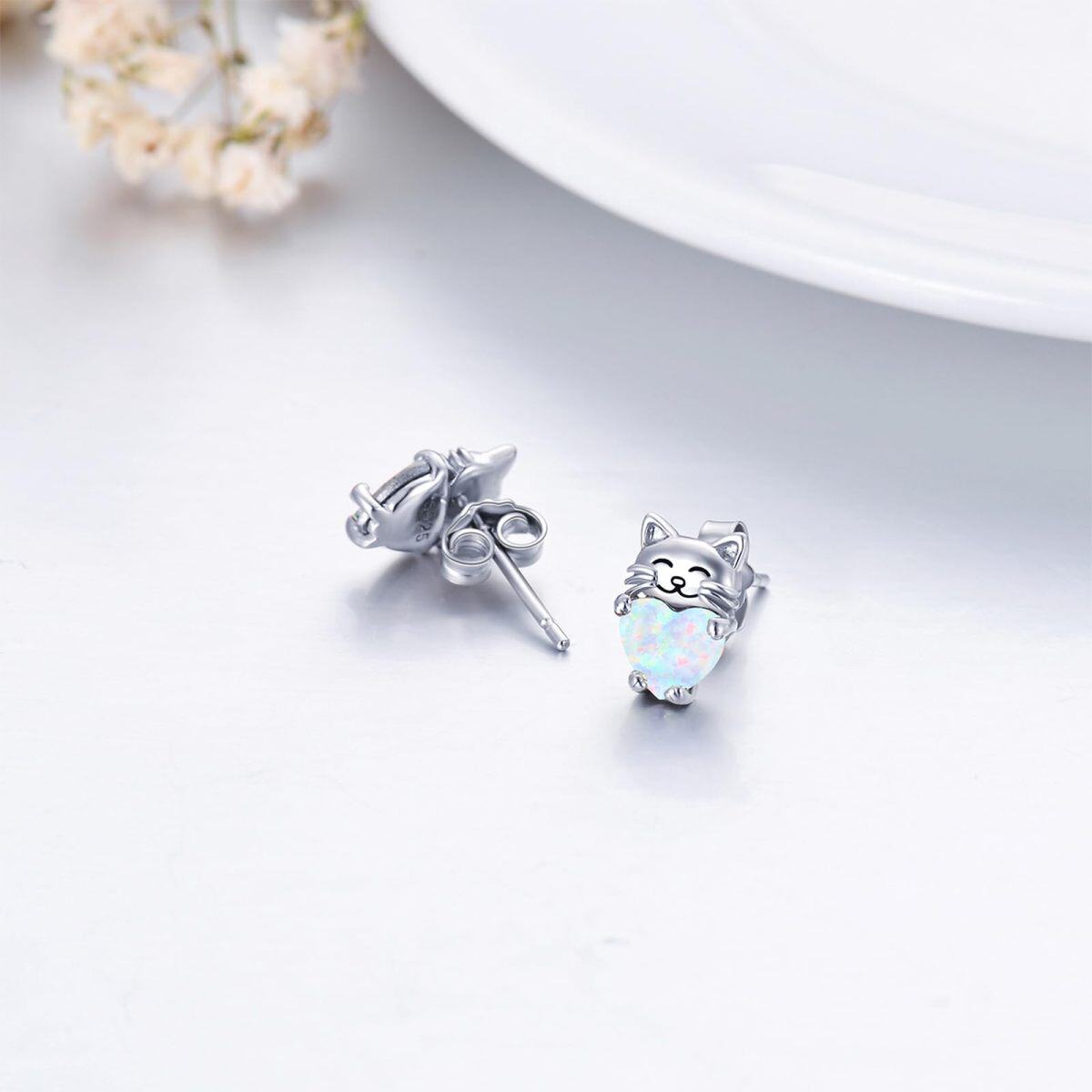 Sterling Silver Heart Opal Cat Stud Earrings for Girls Women-5