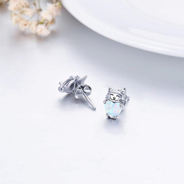 Pendientes de plata de ley con forma de corazón y gato de ópalo para niñas y mujeres-5