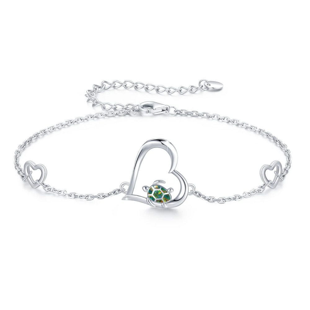 Sterling Silver Heart Opal Sea Turtle & Tortoise Charm Bracelet-1