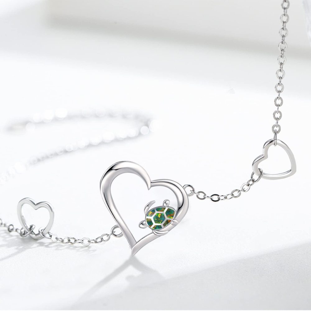 Sterling Silver Heart Opal Sea Turtle & Tortoise Charm Bracelet-3